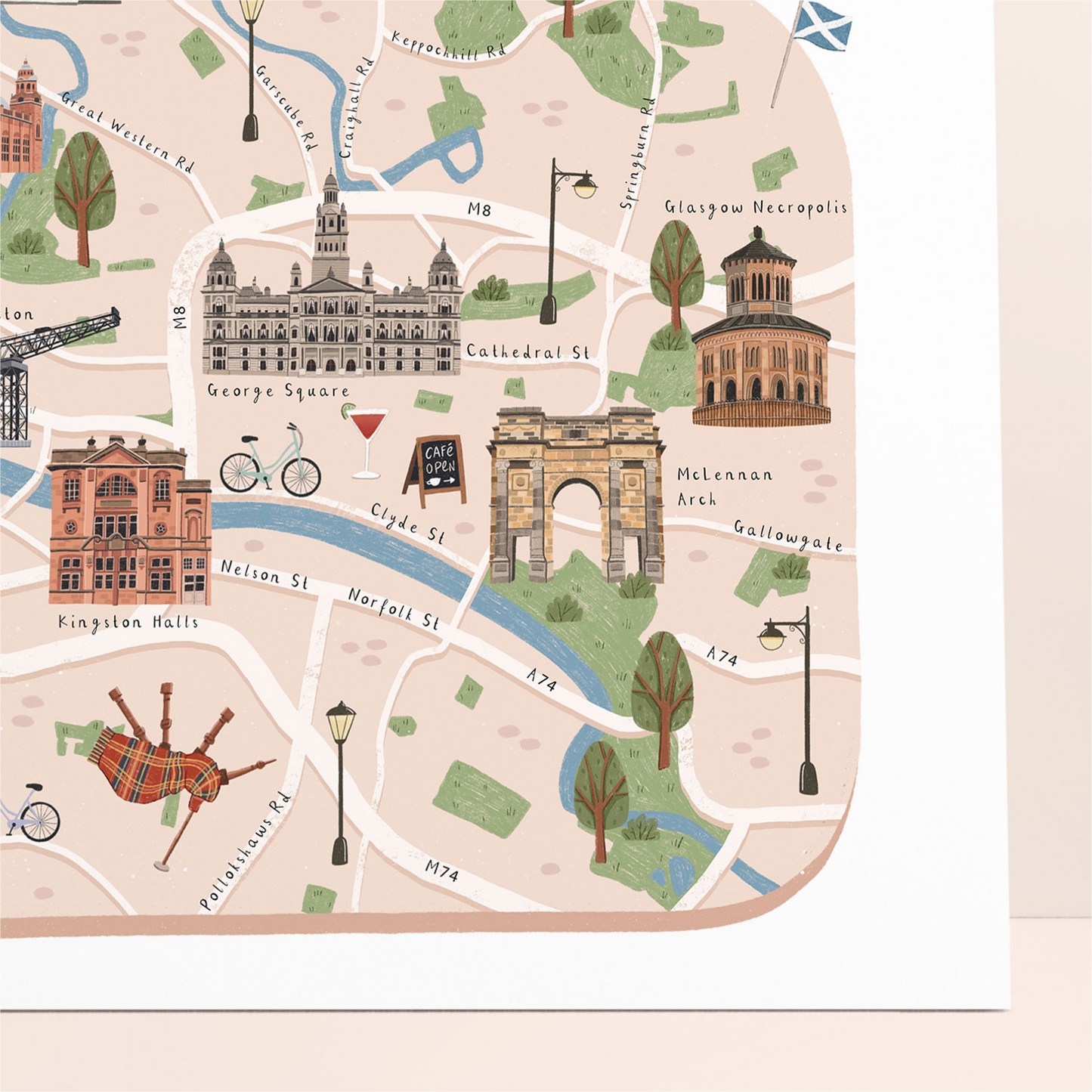 Glasgow map print close up