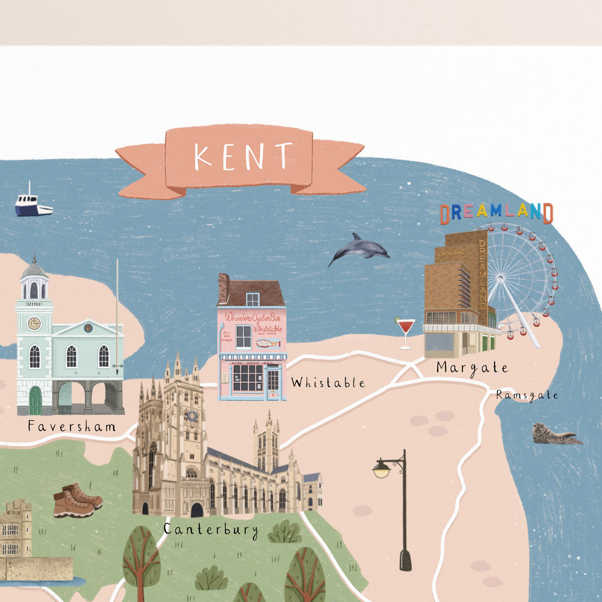 An illustrated map poster of Kent, showing landmarks such as Faversham, Canterbury, Margate, and Ramsgate, with a banner reading KENT at the top and a blue coastal background.