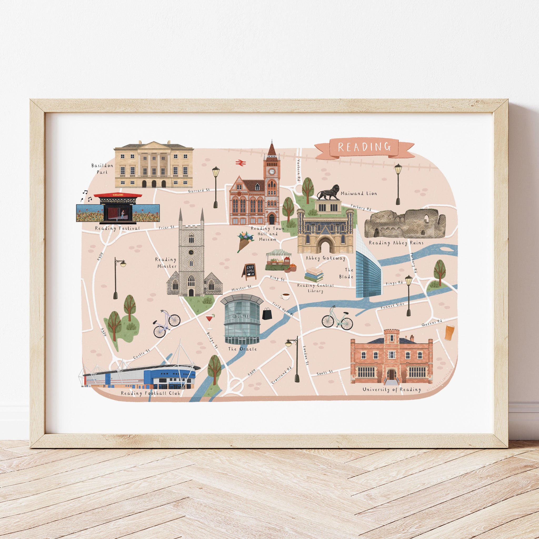Reading Map Print | Illustrated Map of Reading | Reading Poster ...