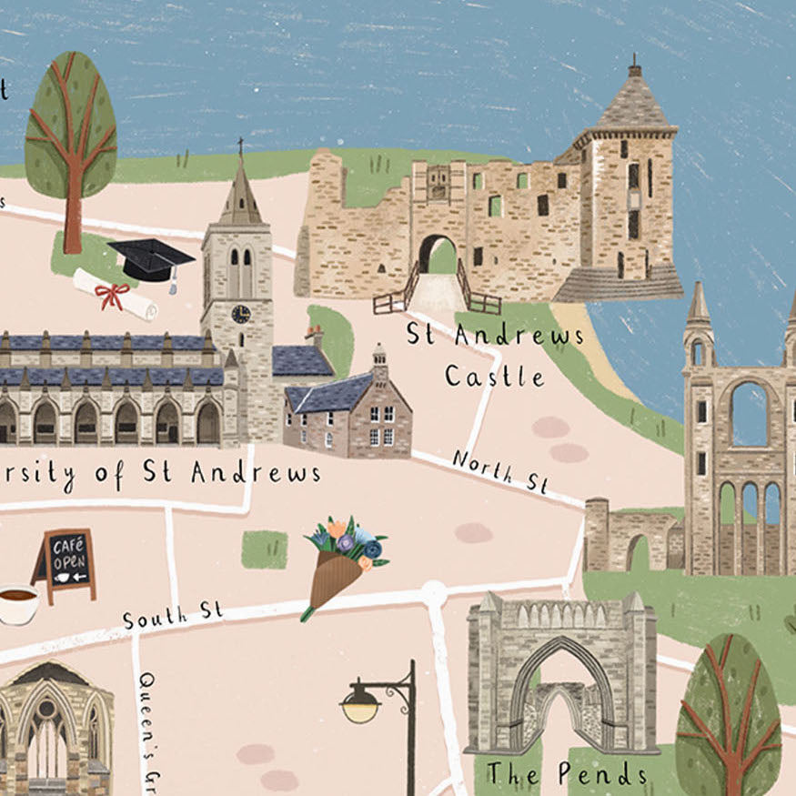 A close-up of an illustrated map poster of St Andrews featuring landmarks such as St Andrews Castle, The Pends, one of the University of St Andrews buildings, streets, trees, and small decorative details on a light blue and peach background.