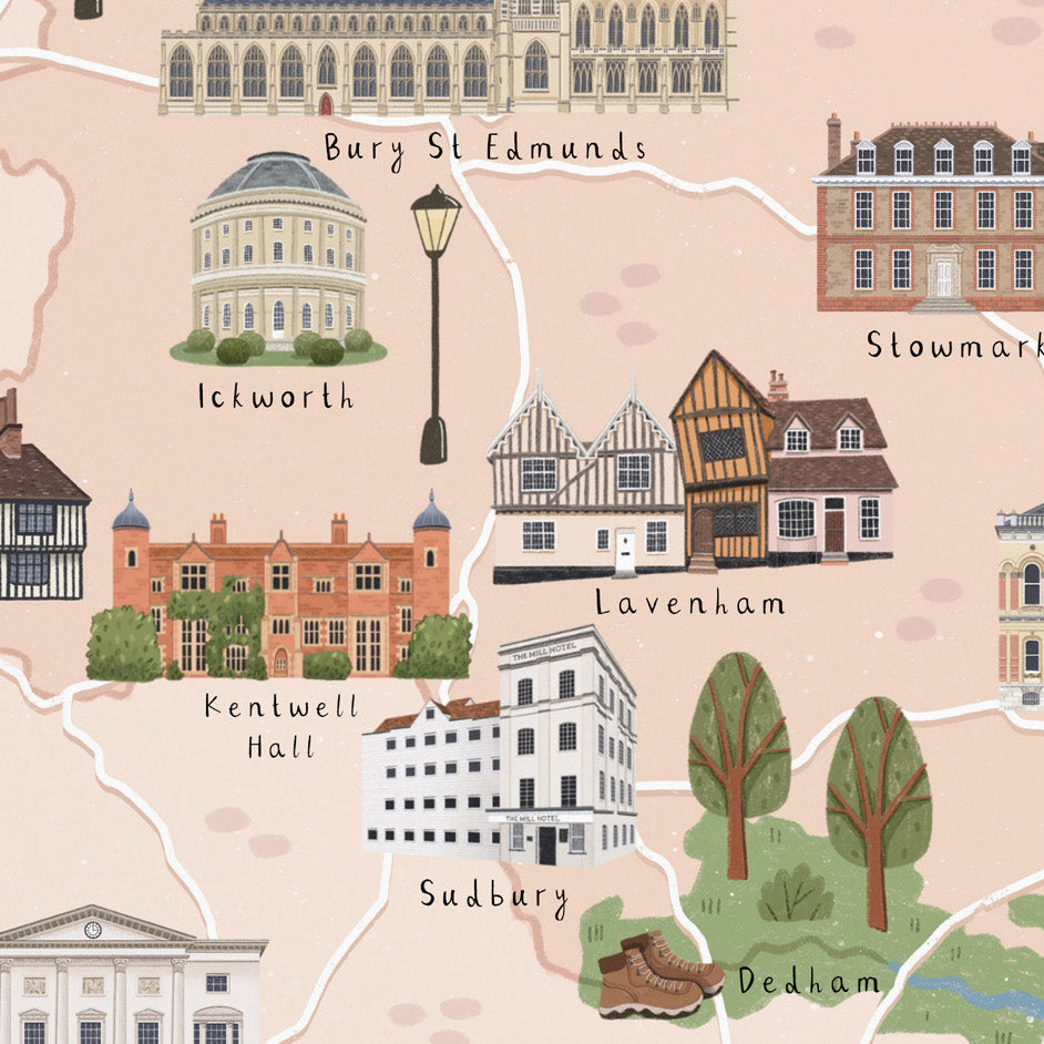 A hand-drawn illustrated map-style print showing local landmarks and buildings around Bury St Edmunds, with labels for structures and places such as Bury St Edmunds, Ickworth, Stowmarket, Lavenham, Kentwell Hall, Sudbury, and Dedham on a pale pink background.