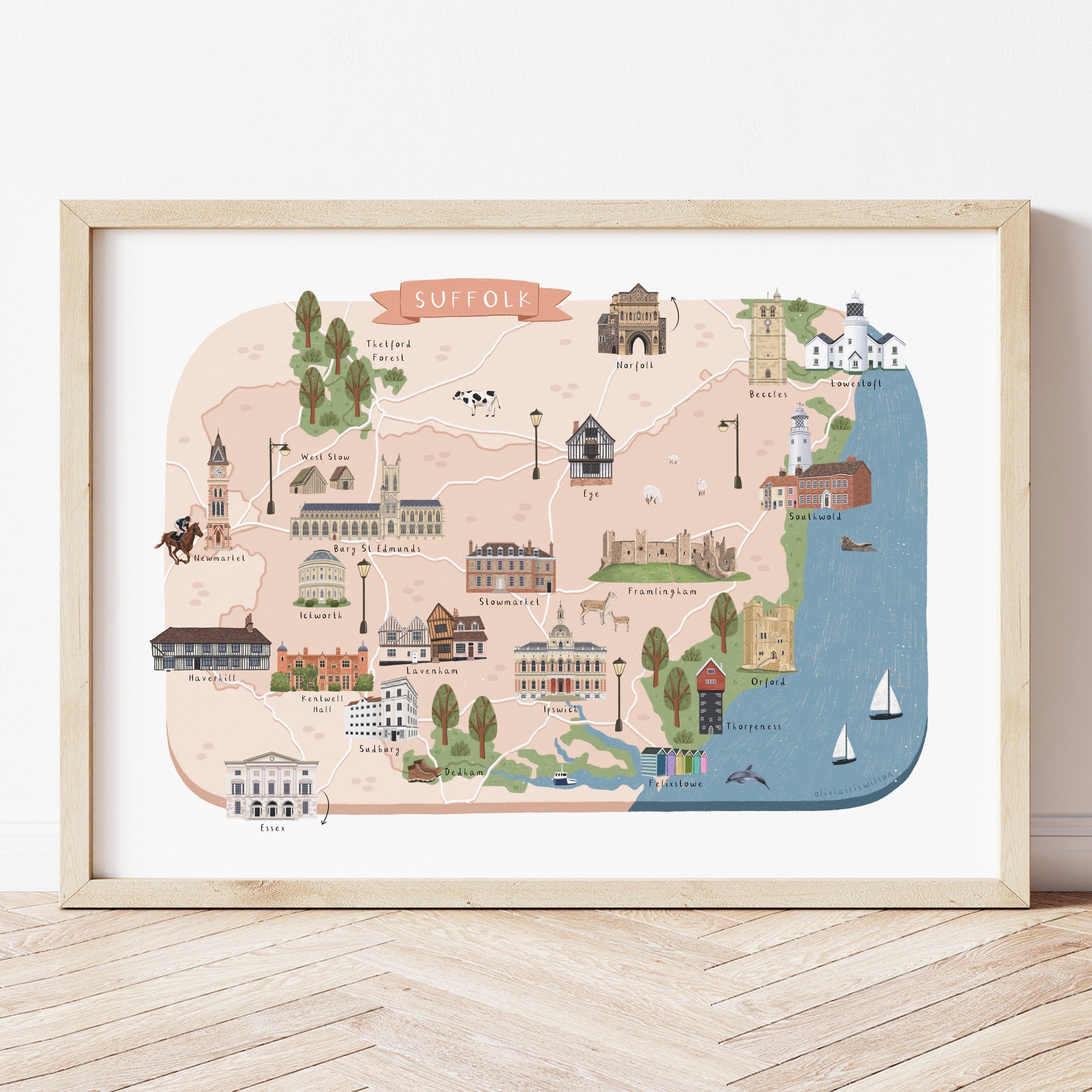 A colourful illustrated map of Suffolk, featuring landmarks from around the county