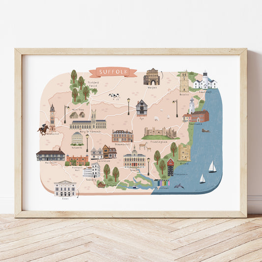 A colourful illustrated map of Suffolk, featuring landmarks from around the county